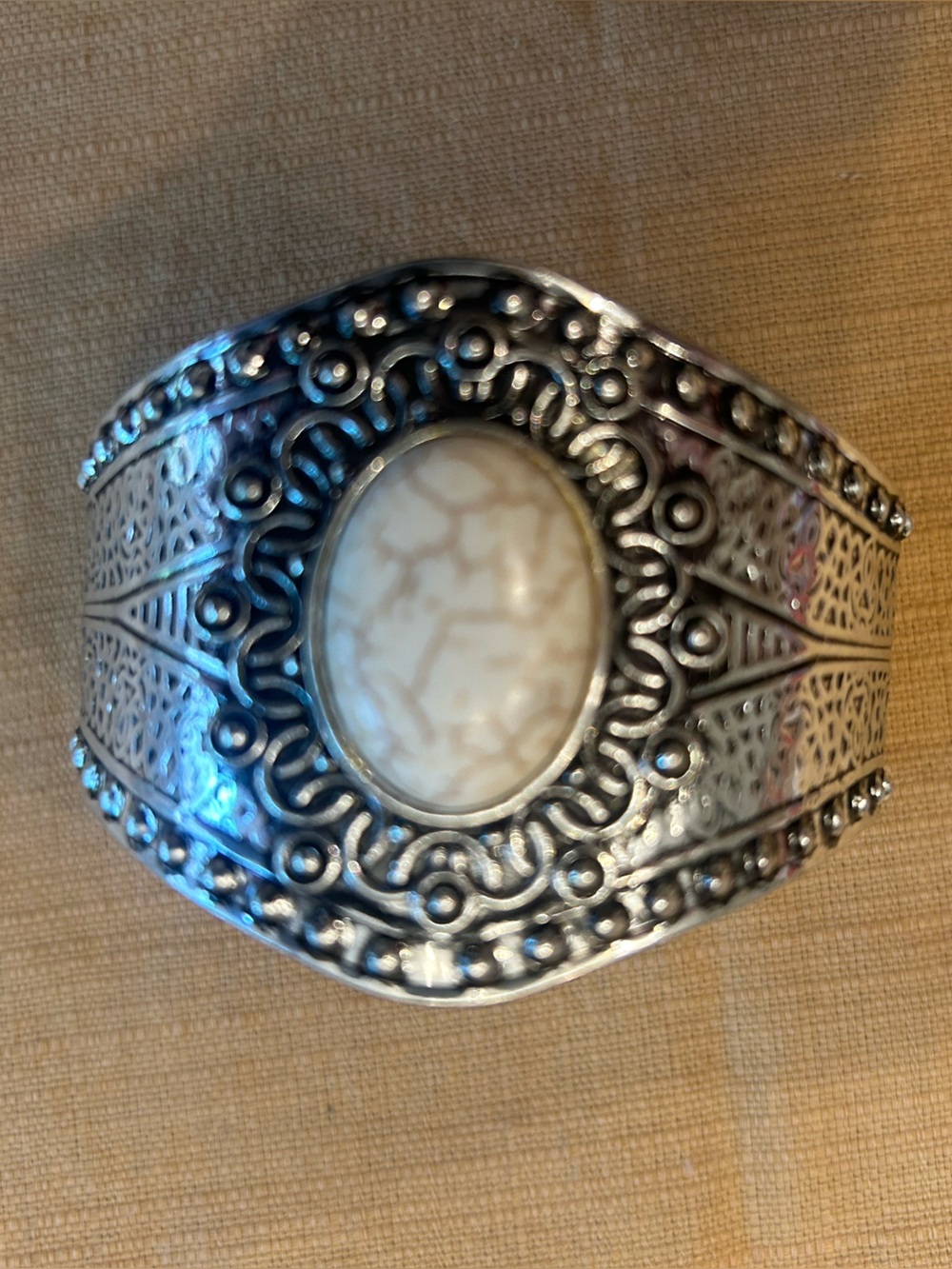Ornate Silver Cuff Bracelet with Ivory Stone